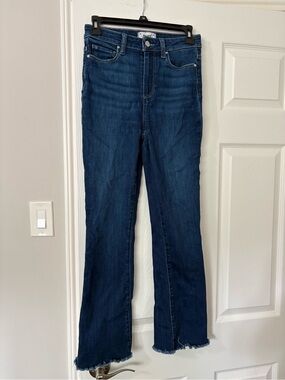 PAIGE Claudine High Rise Flare Jeans 26 Dark Wash Raw Hem Denim Minimalist